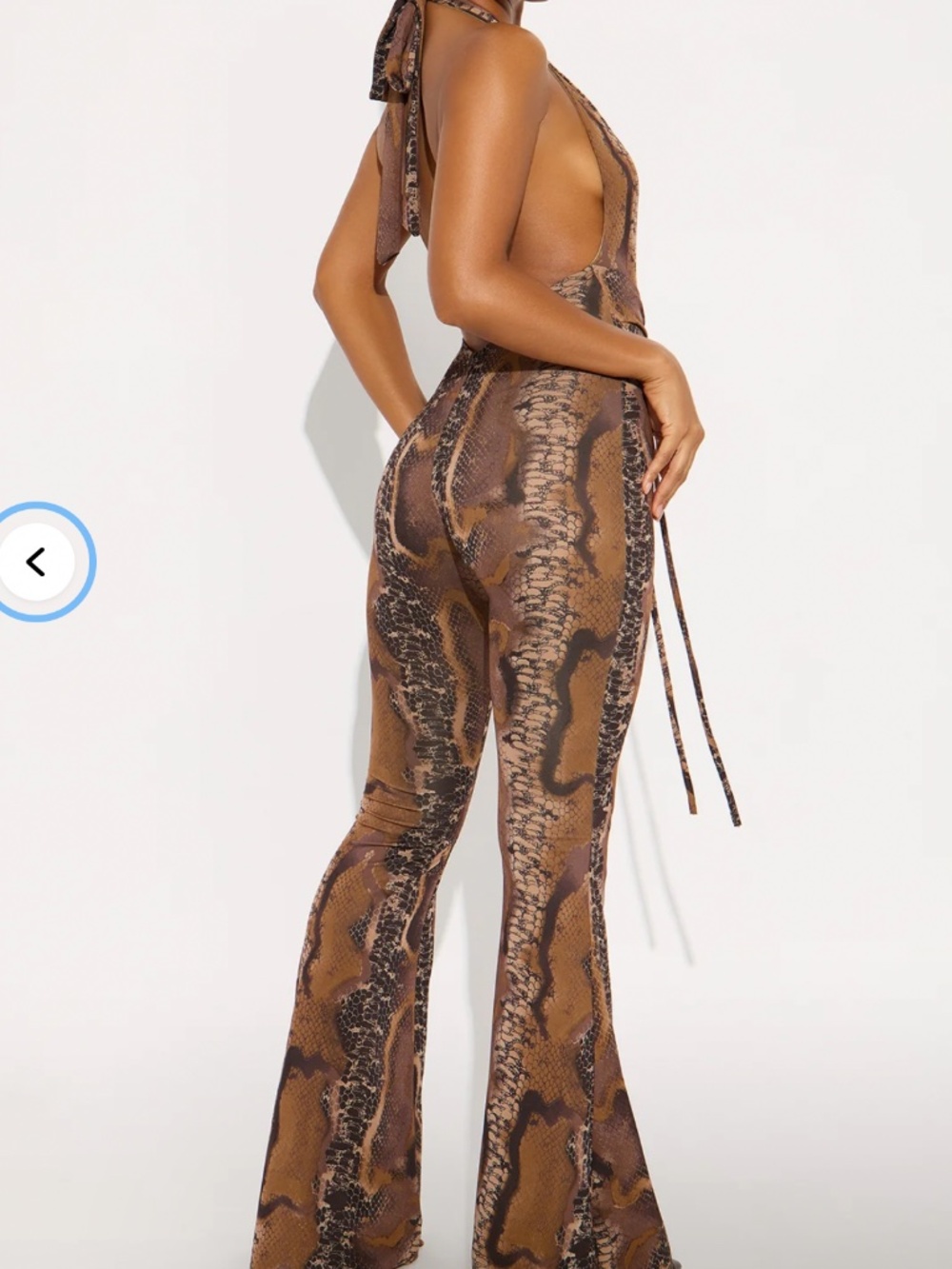 FashionNova Snake Print Plunge Halter Flare Jumpsuit - Picture 2 of 4